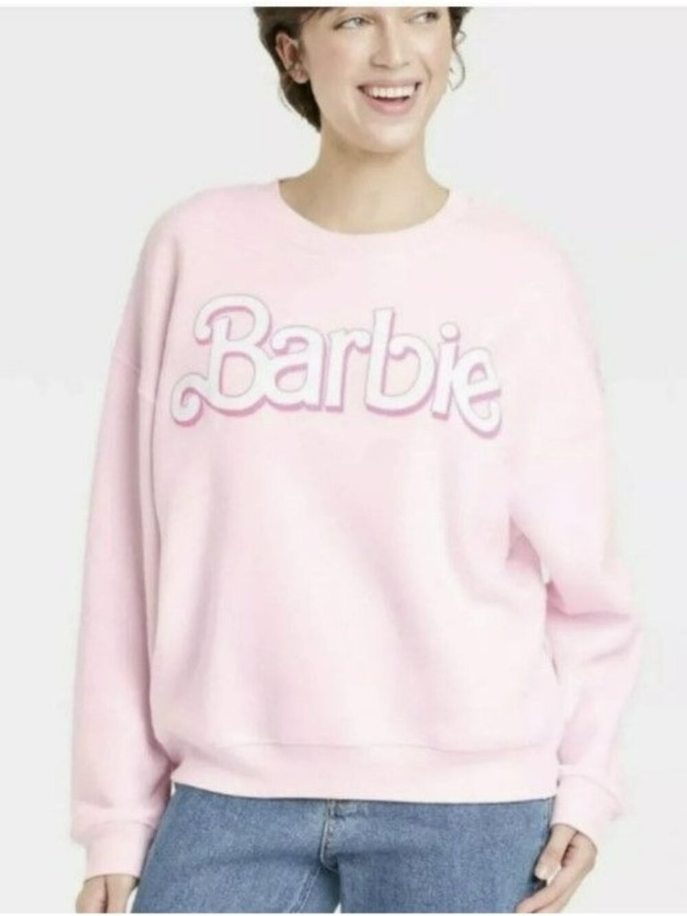 Barbie Light Pink Logo Fleece Crew Neck Sweatshirt Relaxed Fit Pastel L Large